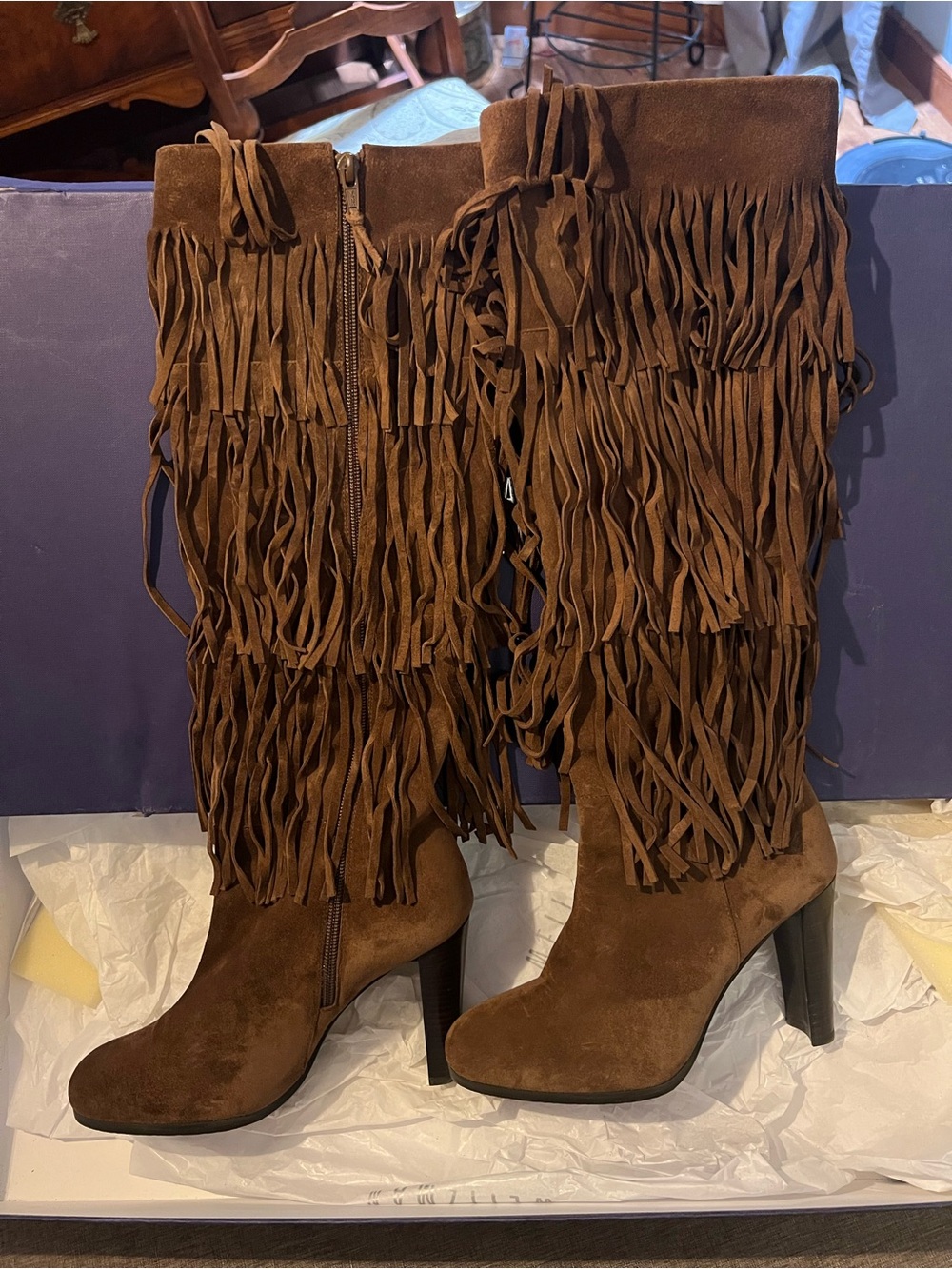 Stuart Weitzman Brown Suede Fringe Knee-High Heeled Boots